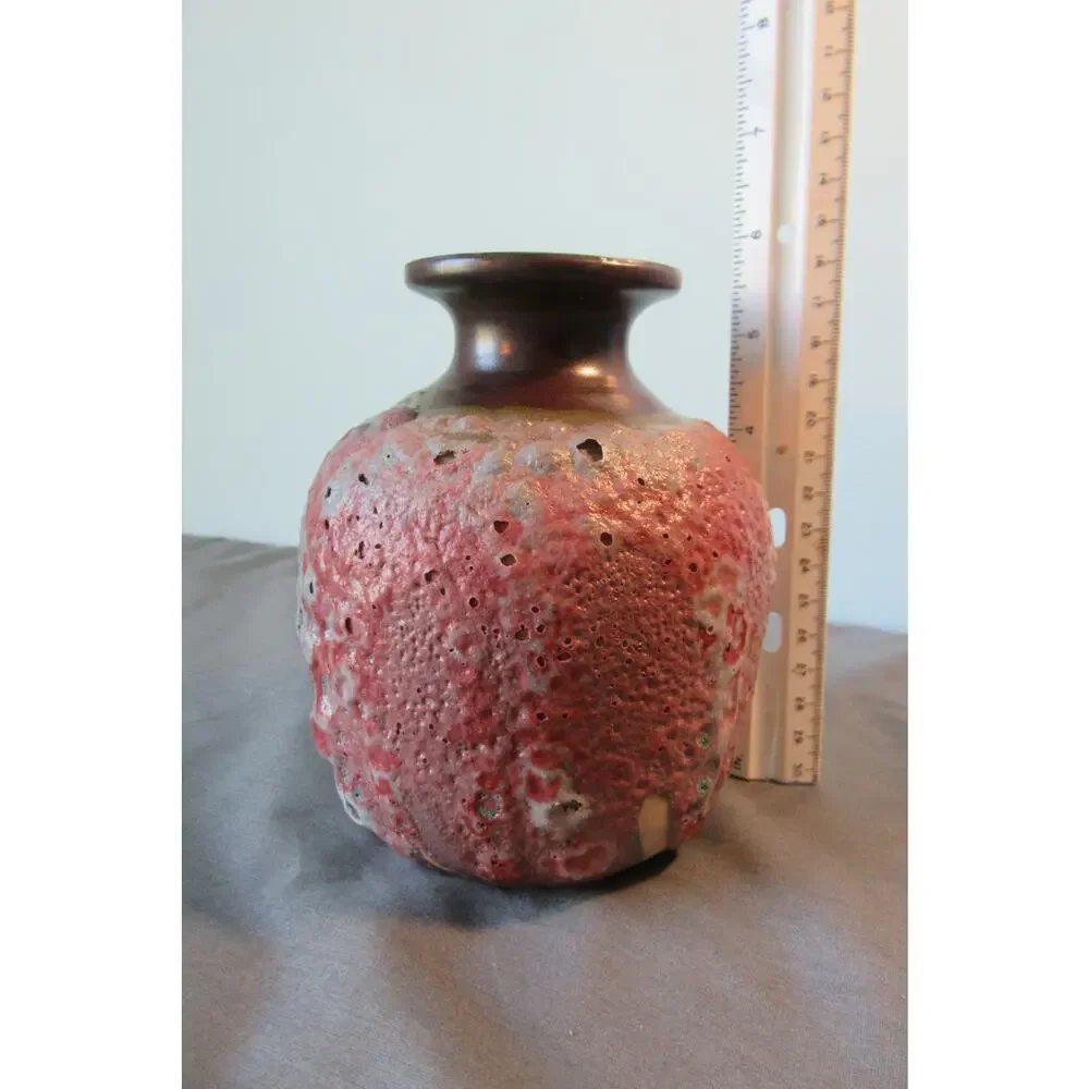 Handcrafted Pottery Vase Textured Surface Pink Brown Signed 6 Inches